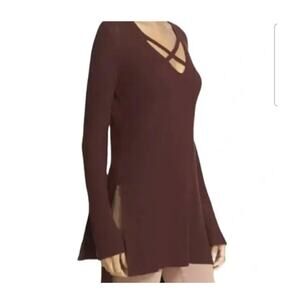 Free People Criss Cross Front Tunic High Low Sweater Size L Brown 14597